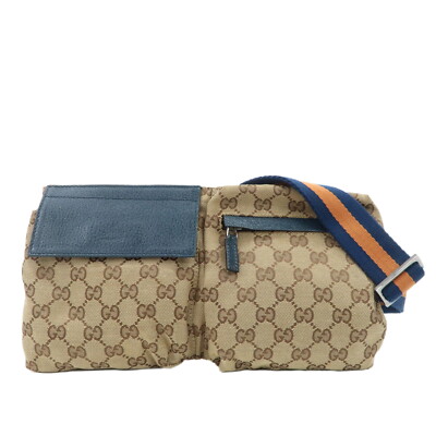 GUCCI GG Waist Bag Waist Pouch Beige Navy Canvas Leather 28566 Auth Used
