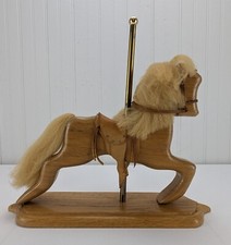 Vintage Hand Carved Wooden Carousel Horse Wood Base Brass Pole Folk Art Decor