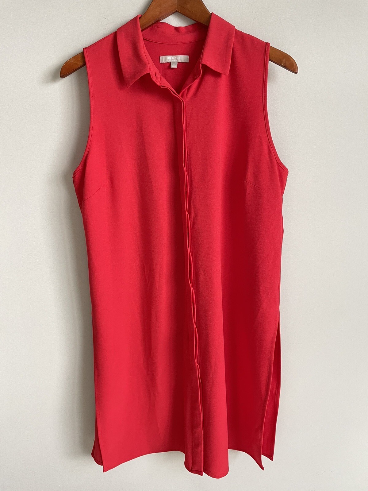 Joan Vass Studio Sz L Longline Red Tunic Button Front Stretch Sleeveless Slits