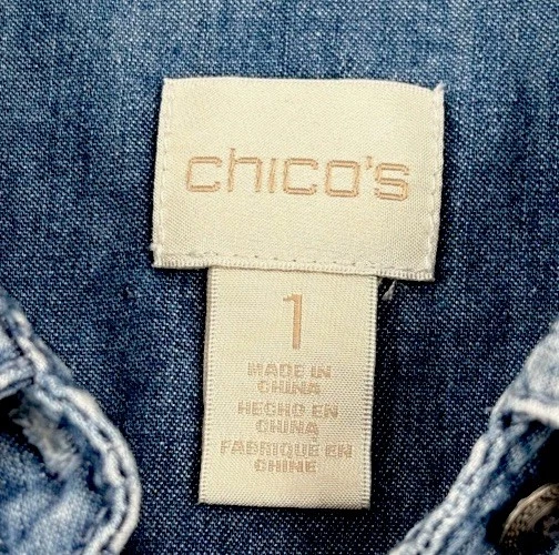 Chicos Top 1 Denim Cambray Azul Paisley Camisa Manga Larga Abotonada Algodón M Foto 3 de 4