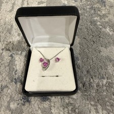 Pink Heart Crystal Pendant Necklace Stud Earrings Set Silver Tone Womens Gift