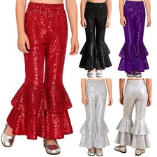 Girls Kids Ruffled Glitter Flare Leggings Pants Yoga Disco Dance Bell Bottoms