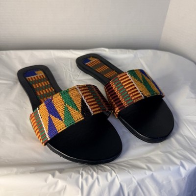 African Handmade Kente Cloth Print Fabric Open Toe Flat Slip On Sandals Sz 8