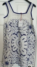 Rose&Rose BresciaWhite/Cobalt Embroidered LinenBlendSleeveless DressSizeM(RRP£69