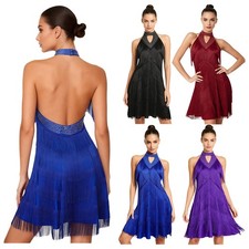 Women Dancewear Cha Cha Skirt Holiday Mini Dress Prom Sleeveless Party Halter