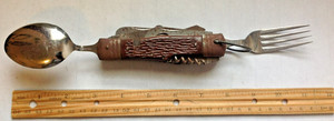 Vintage Camp Knife Fork Spoon 2 Knives Can Opener Cork Screw Awl Scissors + More