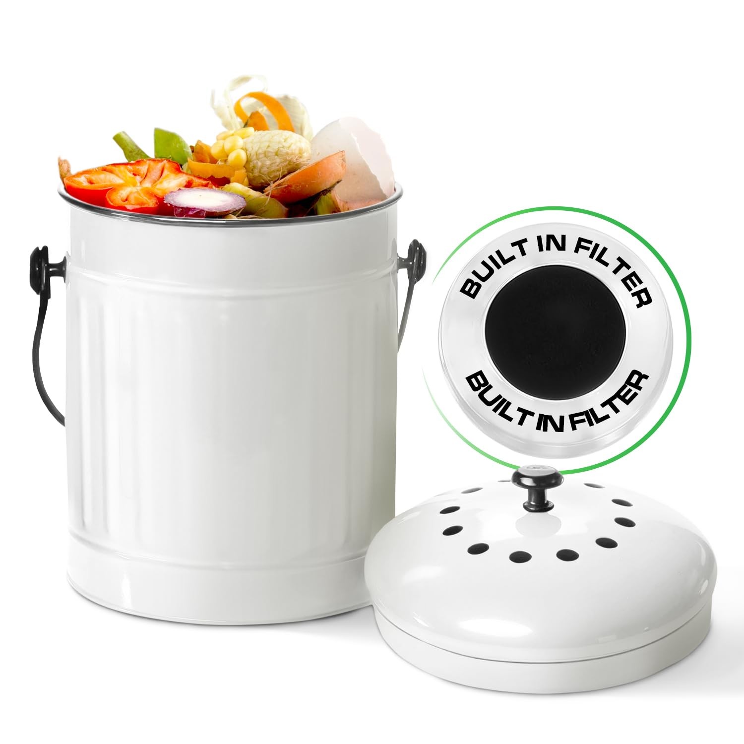 Countertop Compost Bin with Lid, White 1.5 Gallon Odorless Kitchen Compost Co...