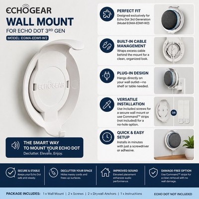 EchoGear Wall Mounts For Echo Dot 3rd Gen EGMA-EDM1-W2 White No Dot