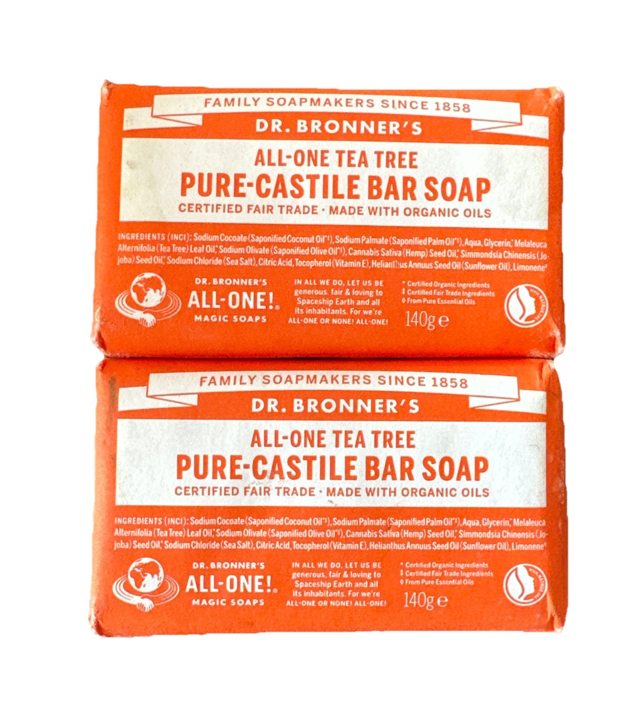 Dr Bronner Organic Tea Tree Soap Bar 140g. - 2 Pack