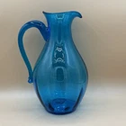 Vintage Blenko Glass Turquoise 645 Optic Pitcher MCM Joel Meyers Design 10”
