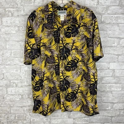 Haband Shirt Mens Large Yellow Black Floral Tropical All Over Print Hawaii - Image 1 of 4