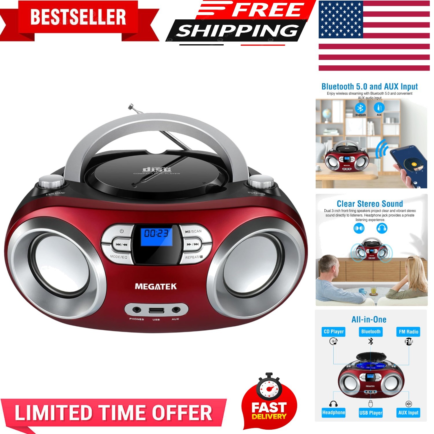 Portable CD Player Boombox with FM Radio, Bluetooth, USB Port, AUX Input, and...