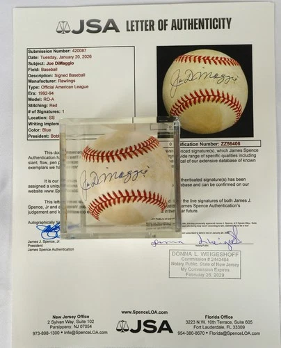 Joe DiMaggio Autographed Rawlings Baseball w/ JSA LOA