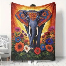 Brand New Boho Elephant Floral Fleece Throw Blanket 50x60 Mandala Art