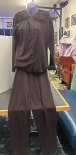 Vintage Pant Suit w Shaggy Fringe Collar Cardigan Saint Tropez Wear 1980-90's