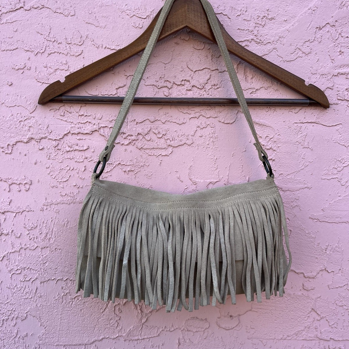 Vintage Leather Fringe Handbag Y2K Boho Unstructured Western Tan 