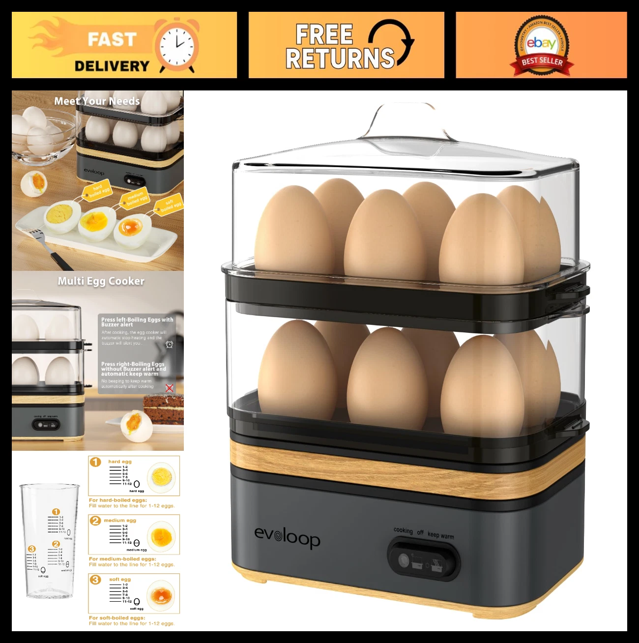 Electric Egg Cooker for 12 Eggs - Soft, Medium, Hard Boiled, Poached & Omelet Ma