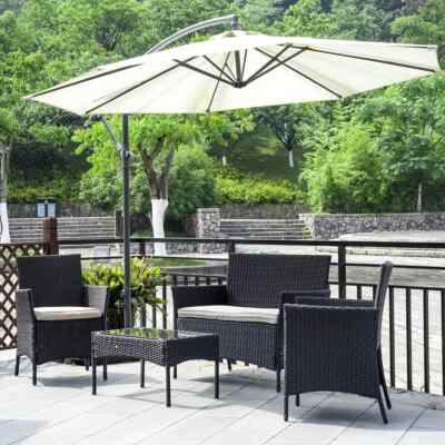 4PCS Outdoor Patio Rattan Furniture Set Cushioned Sofa Coffee Table Conversation