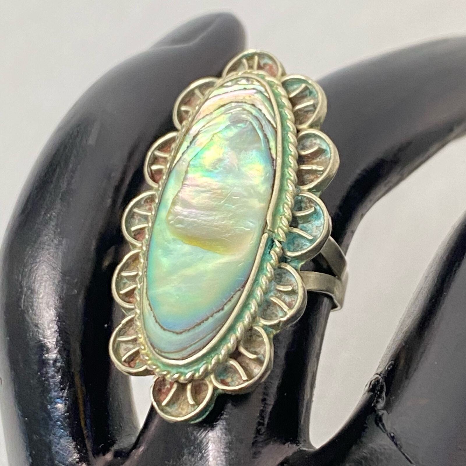 Mexico Silver Ring Long Oval Abalone Shell Stone … - image 1