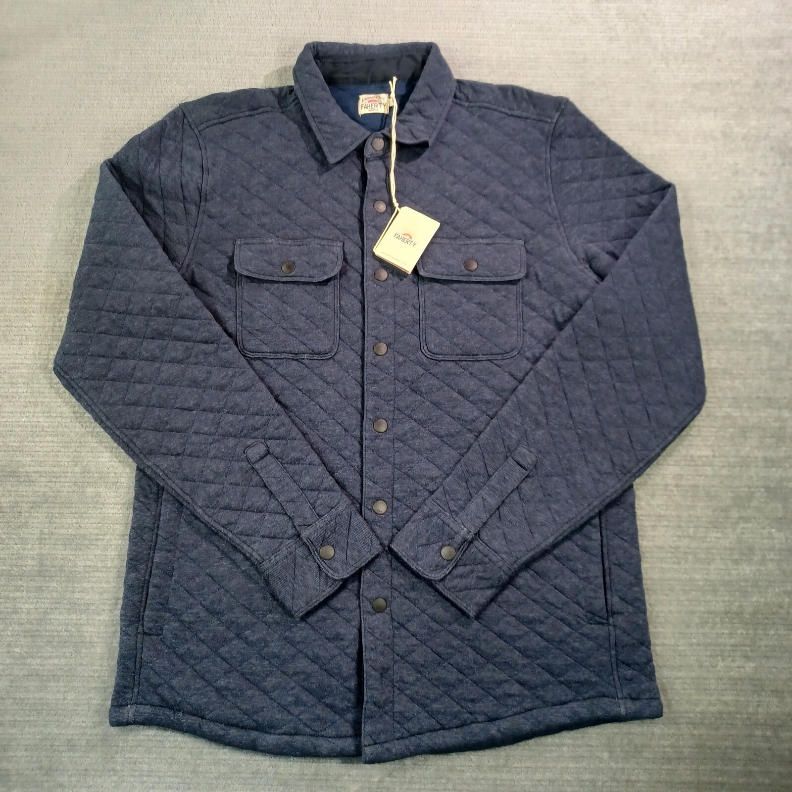 Faherty Epic Quilted Fleece Overshirt Mens Medium Blue Button Snap Front New