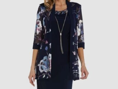 R&M Richards Women's Blue Printed Jacket Set Size 14