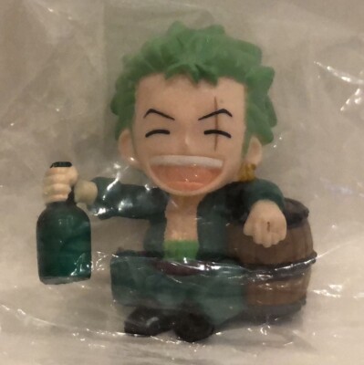 NEW O/ S.F.T. One Piece Roronoa Zoro PVC 2 inch Seated green bottle barrel