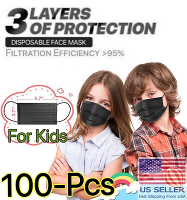 100 PCS Disposable Kids Face Mask Non Medical 3 Ply Ear loop Black Toddler Masks