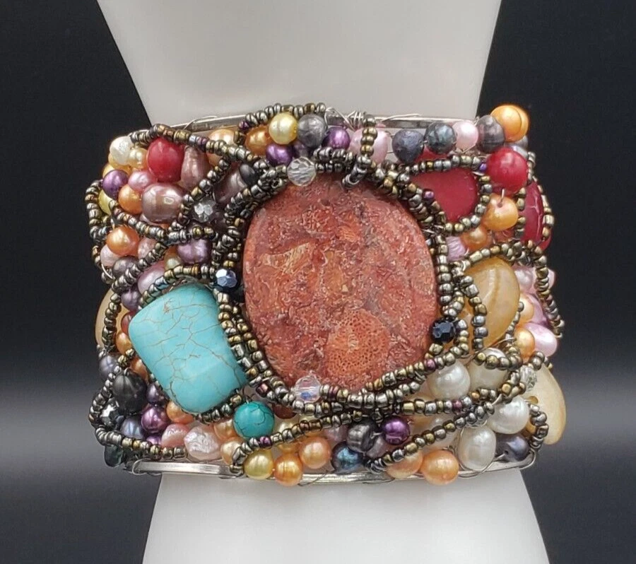 РЕДКИЙ винтажный жемчужный бирюзовый коралл сердолик цитрин кварц браслет-манжета - Изображение 4 из 4