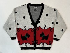 Vintage 70s Cuddle Knit Womens Cardigan Sweater Scottie Dogs Polka Dots USA Made