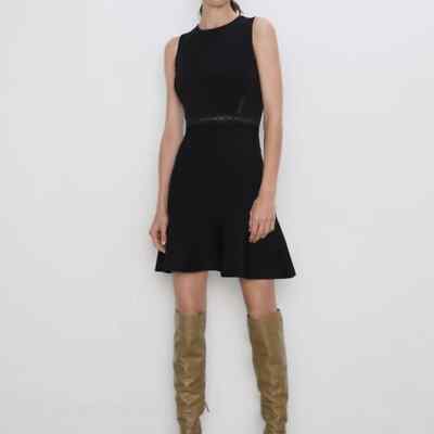 NWT ZARA black knit fit flare a-line skater flare dress sleeveless lace  trim S | eBay