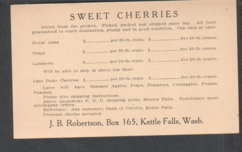 c1928 carte postale J B Robertson Kettle Falls WA fruits cerises douces bings agneau - Photo 1 sur 2