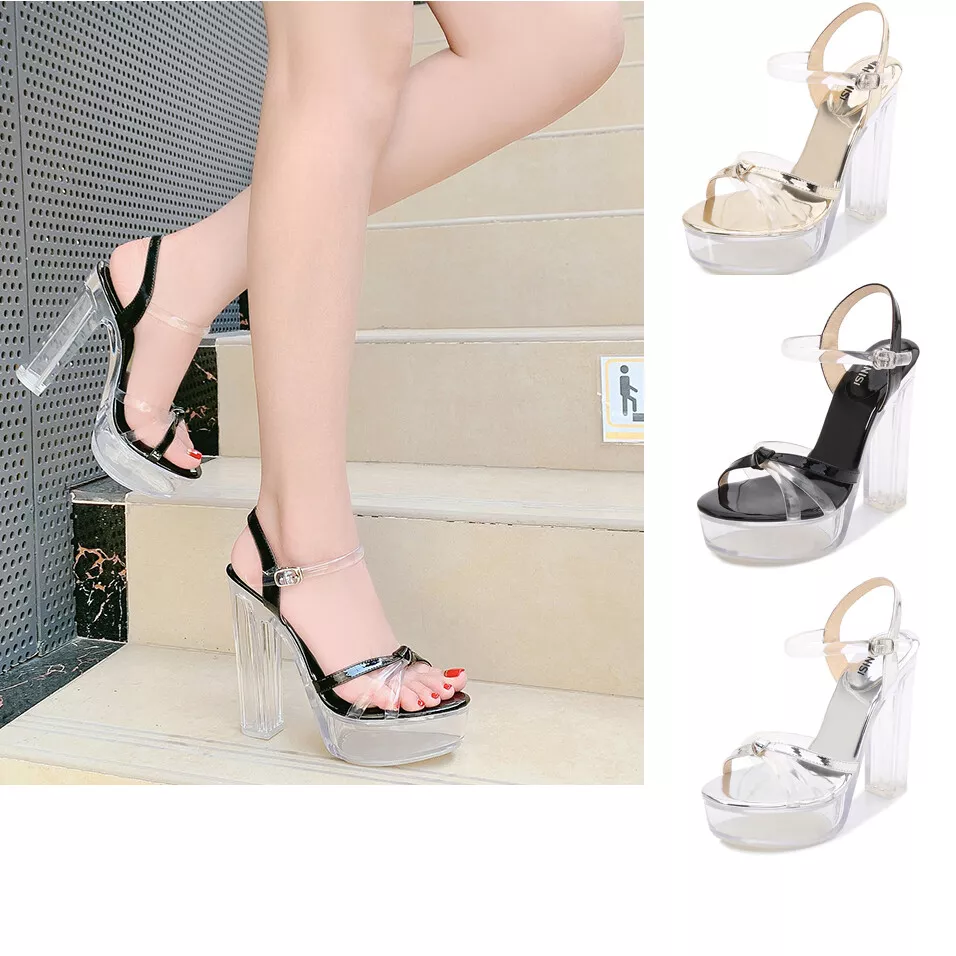 Block Crystal Heels Clear Sandals High Heels Jelly Platform Women Shoes Plus Sz