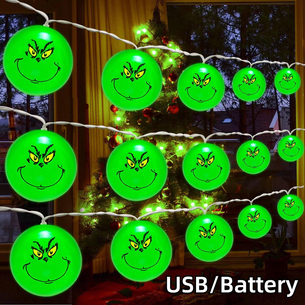 LED String Lights Green Grinch 10/20/30/40 LED Fairy Lights USB Battery Operated