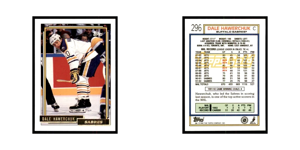 Dale Hawerchuk 1992 Topps Gold #296 Hockey Cards Hockey Card NM - Image 3 of 3