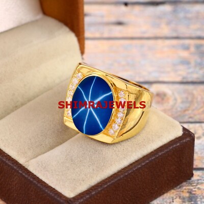 Lab Created Linde Star Sapphire With 18K Gold Plated Silver Men's