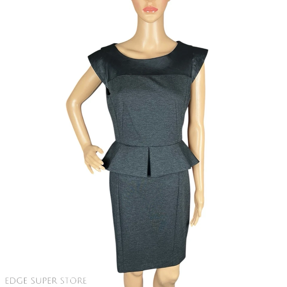 Cynthia Steffe Gray Faux Leather Neckline Cap Sleeve Peplum Sheath Dress Size 6 - Image 4 of 4