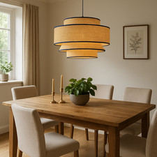 Modern Tiered Rattan Pendant Light Shade with Blue Trim - Natural Home Decor