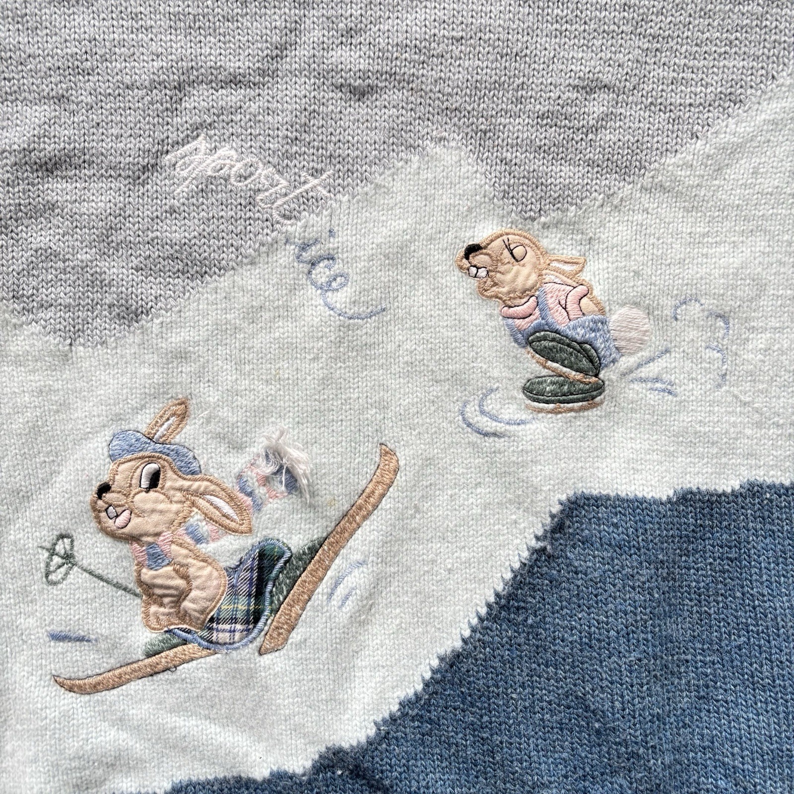 Vintage 80s Womens Jumper Rabbit Themed Blue Novelty Cartoon Retro Indie Boho 14 image 3