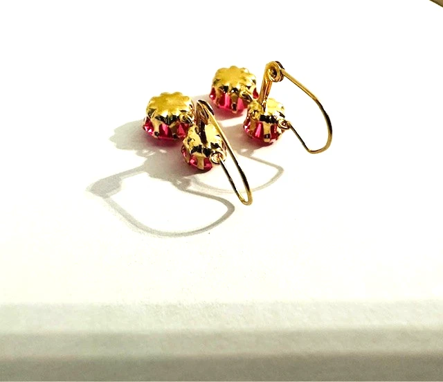 Estate 10K Yellow Gold Pink Ruby Dangle Drop Earrings - Image 4 of 4