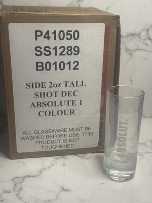 Volle Schachtel mit 12 neuen 2oz Absolut Vodka 10cm Schnapsgläsern