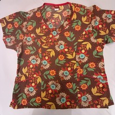 Dickies Uniform Scrub Top Fall Flowers/Colors Large Excellent Preowned A7-16 