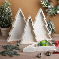 4 Pcs Wooden Christmas Tree Serving Tray Rustic Appetizer Tray Christmas Serv...