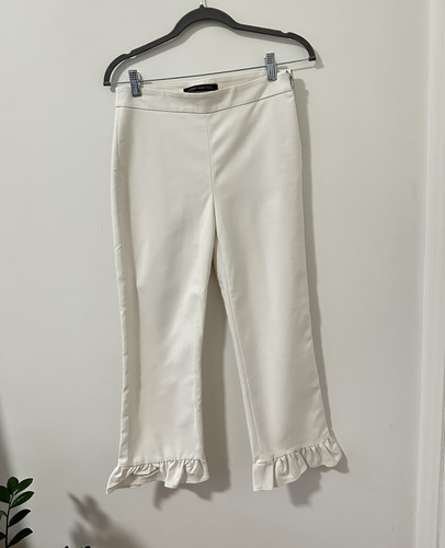 Zara Woman White Cropped Pants Ruffle Hem Stretch Flat Front Side Zip