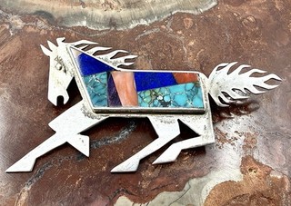Robert Vandover Navajo Multi Stone Horse Inlay Sterling Silver Brooch Pin 2.5 In