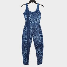 Ethika Womens Medium Full Romper Navy Blue Snakeskin Print Bodysuit Stretch New