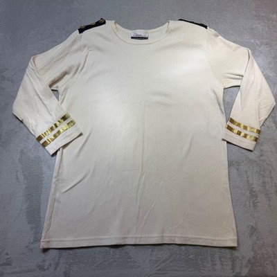 Vintage Nautical Ribbed Top Cream Gold Metallic Cuffs Navy Epaulettes Large