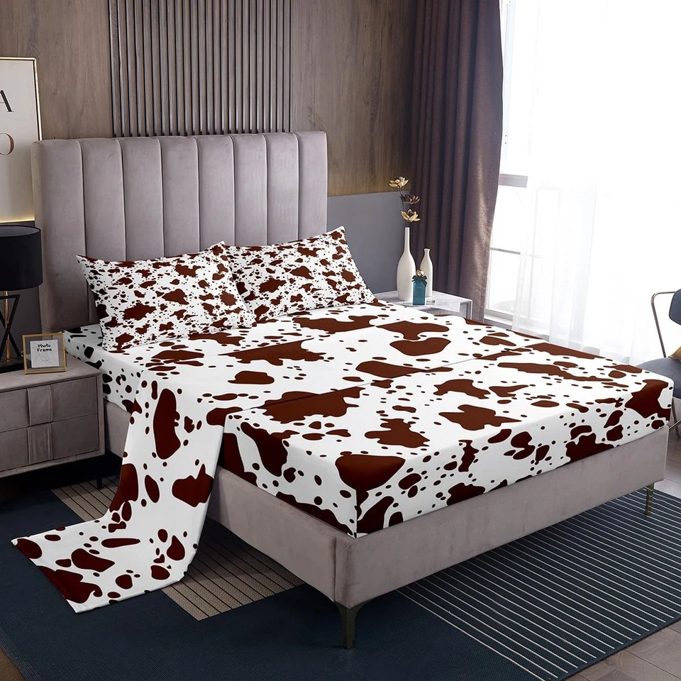 牛皮印花床单全尺寸白色棕色牛皮床单套装 4 件套儿童... — 第 2/4 张图片