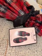 Victoria's Secret Satin Plaid Faux Fur Slide Slippers w/ Pouch, Size Large