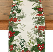 Holly Pine Cone Christmas Table Runner, 13x72 Inch Winter Decor