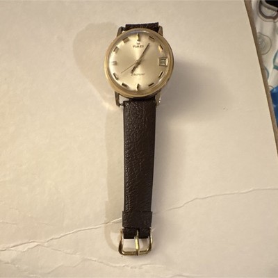 Timex Electronic Manual Wind Analog Date Champagne Dial Brown Leather 34mm